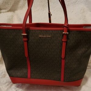 Michael Kors Red and Brown Signature Tote